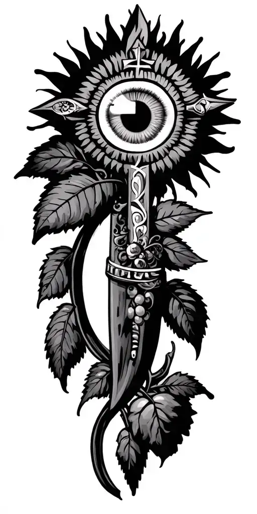 The Trinity, the Egyptian eye of Orus, a Catholic cross, a sun, an Italian Cornicello, a branch of vineyard tattoo design idea