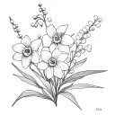 create a flower bouquet with 2 narcissus, lily of the valley, hawthorn, and a marigold with lose stems tattoo design idea