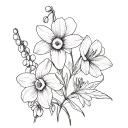 create a flower bouquet with 2 narcissus, lily of the valley, hawthorn, and a marigold with lose stems tattoo design idea