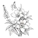 create a flower bouquet with 2 narcissus, lily of the valley, hawthorn, and a marigold with lose stems tattoo design idea