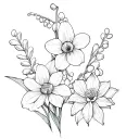create a flower bouquet with 2 narcissus, lily of the valley, hawthorn, and a marigold with lose stems tattoo design idea