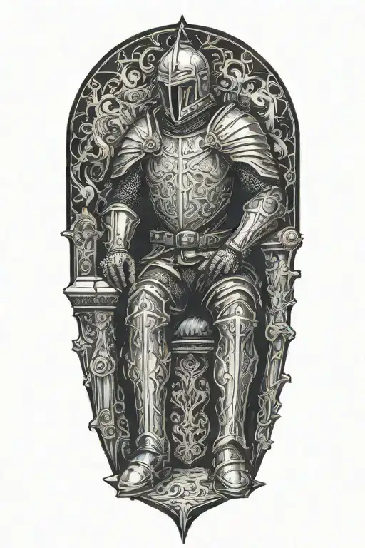 negative black and white knight sitting on a throne tattoo design idea