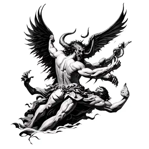 God fighting with the Devil in an epic battle for on the back tattoo design idea