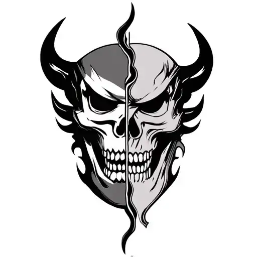 oni mask split in half with skull tattoo design idea