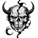 oni mask split in half with skull tattoo design idea