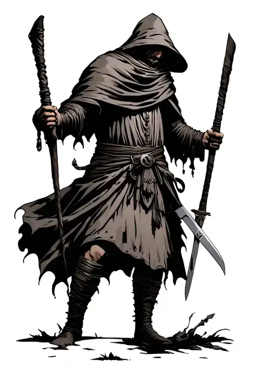A nomad wearing a cloak that hides his face, carrying a walking stick in his hand and two knives on his waist. He is  tattoo design idea