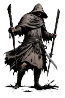 A nomad wearing a cloak that hides his face, carrying a walking stick in his hand and two knives on his waist. He is  tattoo design idea