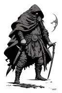 A nomad wearing a cloak that hides his face, carrying a walking stick in his hand and two knives on his waist. He is  tattoo design idea