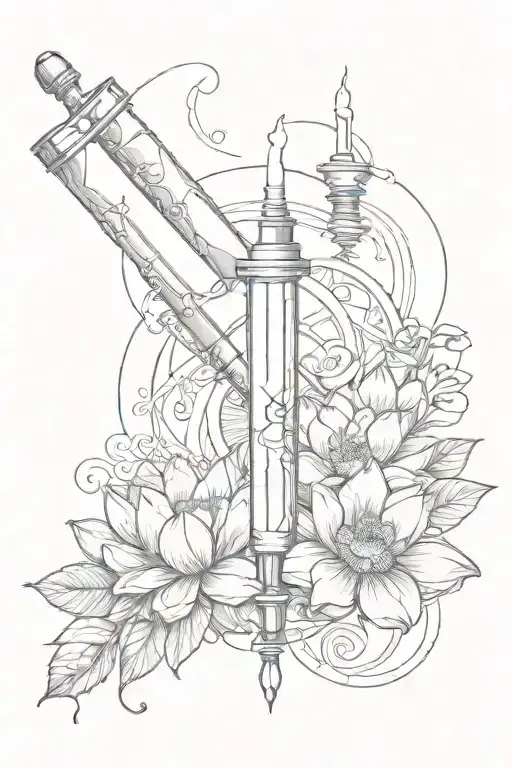 syringe with recovery ribbon and NA logo incorporated with yin and yang plus lotus flower added tattoo design idea