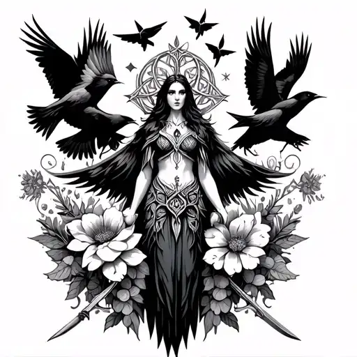 an image of the Celtic Goddess, the Morrigan. Surrounded by her associated flowers, weapons and multiple flying crows.  tattoo design idea