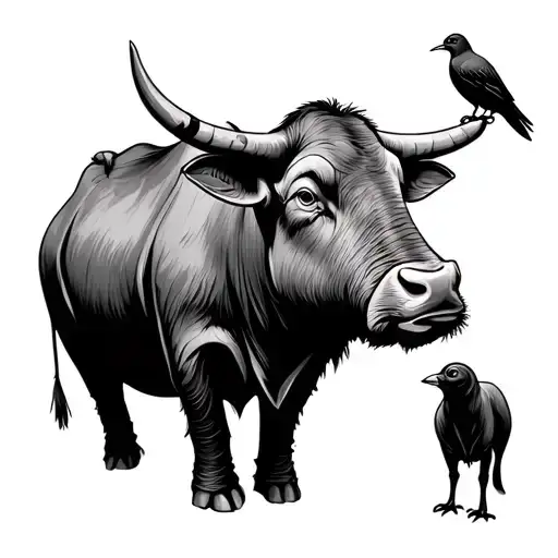 carabao with bird standing on stop  tattoo design idea