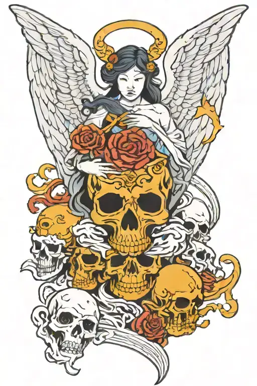 angel and 3 skull below, dark and intense tattoo design idea