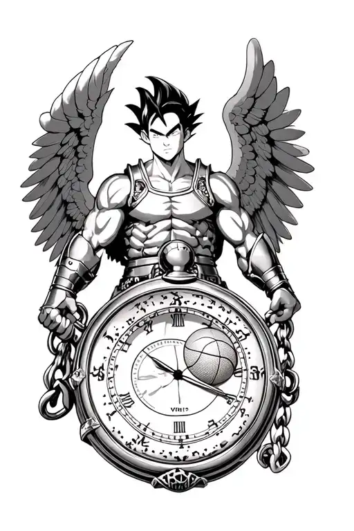 Sangohan in ss2 and a pocket watch then a warrior in angel armor with wings and a basketball reference tattoo design idea