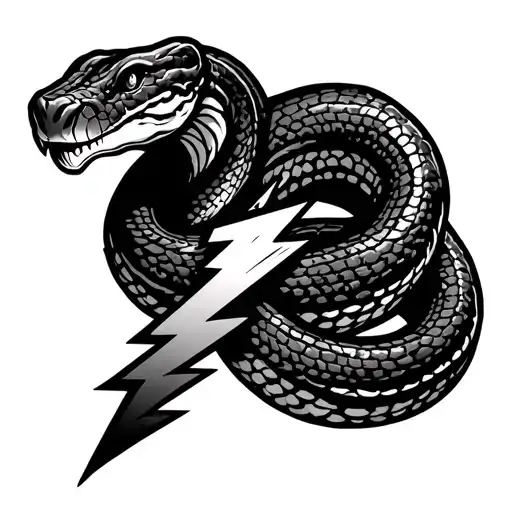 Cartoon-style black and white tattoo of a boa constrictor coiled around a lightning bolt, full body with visible tail, b tattoo design idea