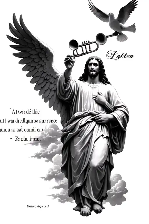 jesus portrait, angels playing trumpets, dove birds, the heaven gates, clouds with a latin quote that defines loyalty an tattoo design idea