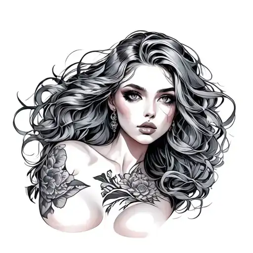 sexy pale girl, petite, big boobs, wide tattoo design idea