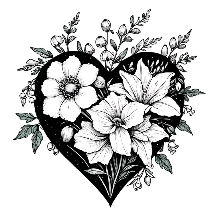heart outline tattoo to include carnation snowdrop janquil daffodil hawthorn and lily of the valley tattoo design idea