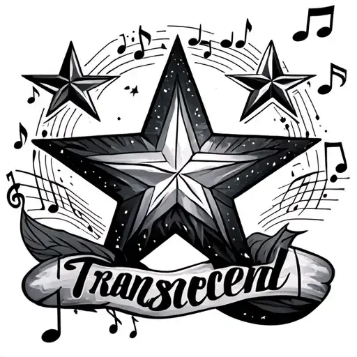 lanscape includes pintrest style 5 point stars with music notes and flowy line fading through/ around the word transcend tattoo design idea