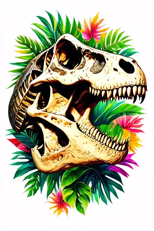 tyrannosaurus rex skull head side profile with tropical colourful foliage  tattoo design idea