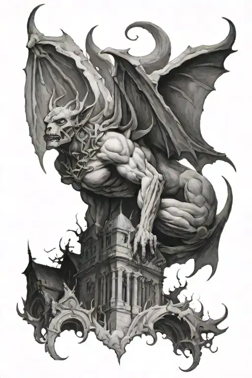 gargoyle on top of burning church surrounded tattoo design idea
