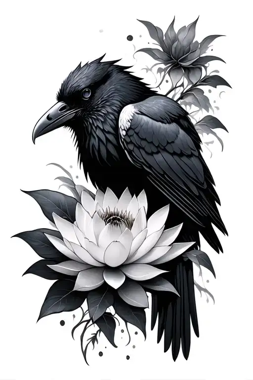 gothic raven with lotus flower large black tattoo design idea