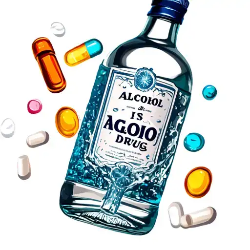 half drank Bottle of vodka with the words "Alcohol is a Drug". surround the bottle of vodka with an assortment of drugs  tattoo design idea