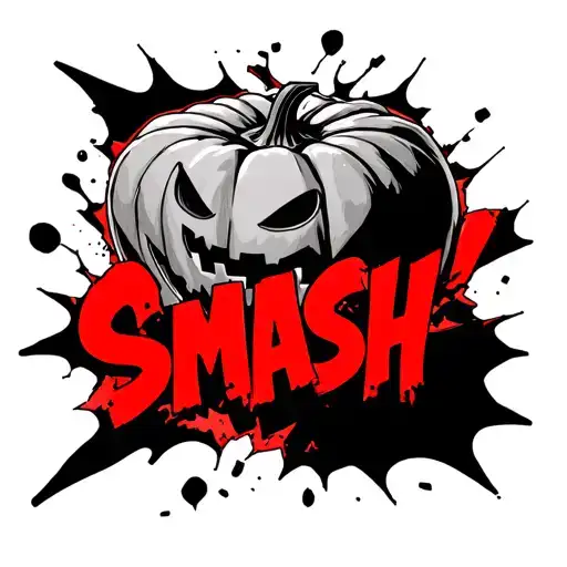 pumpkin smashing apart with the word smash written in red comic book style  tattoo design idea