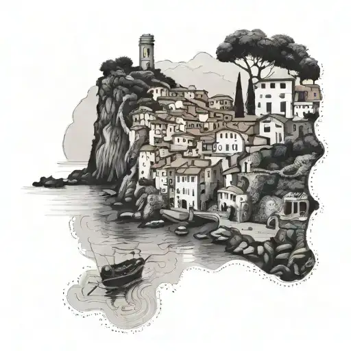 A tattoo design of a silhouette of Cinque Terre Italy with a dotwork style tattoo design idea