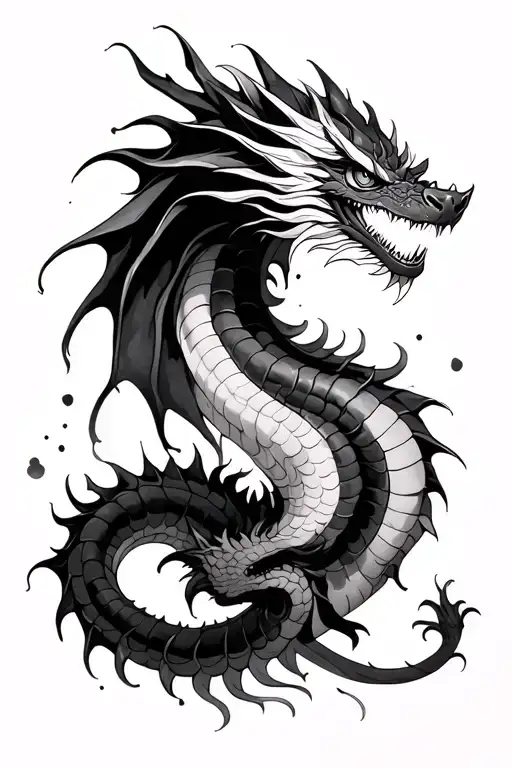 Dragon with scales accompanied with stripes or watercolor spots in great detail that covers my forearm tattoo design idea