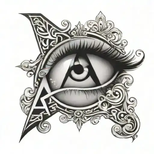 Black and white letter A tattoo with a realistic eye inside the letter tattoo design idea