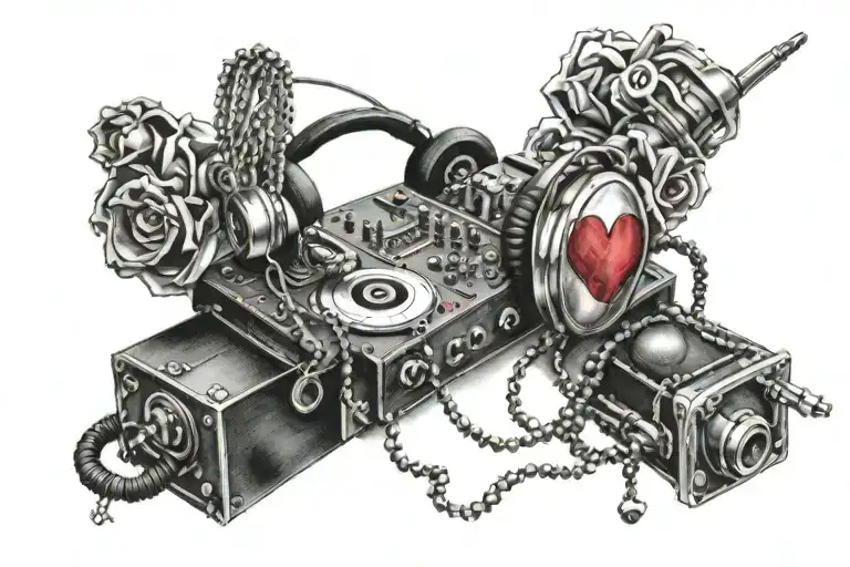 Realistic tattoo for a DJ with headphones, a rosary and a heart, all super realistic and without a person, just composing them tattoo design idea