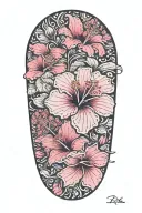 wrist to elbow sleeve with hibiscus flowers and lots of cherry blossoms tattoo design idea