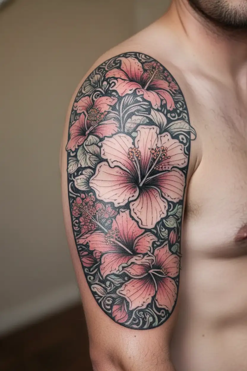 wrist to elbow sleeve with hibiscus flowers and lots of cherry blossoms tattoo design idea