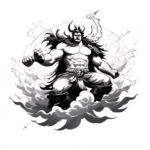 Create me a including Raijin the god of thunder surrounded by clouds in a Japanese style tattoo design idea
