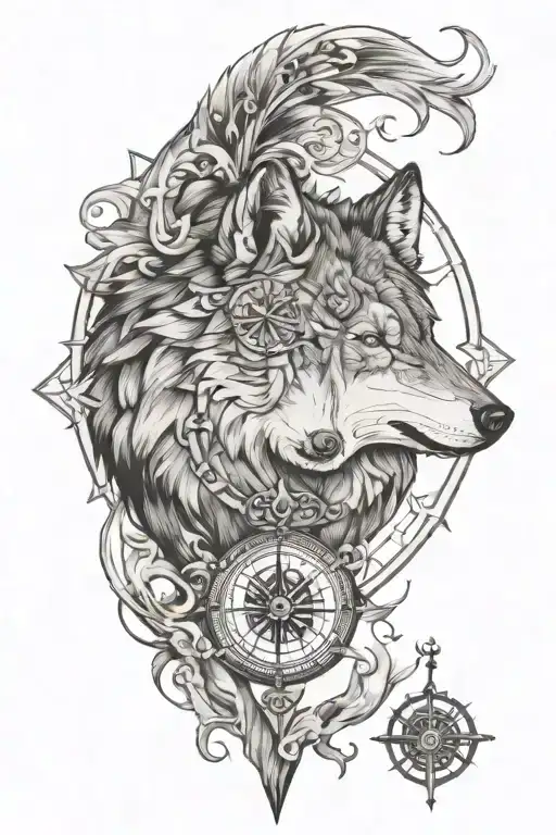 wolf and compass  tattoo design idea