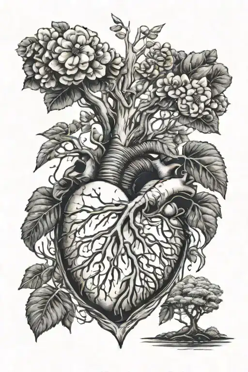tree of life growing out of anatomically correct heart  tattoo design idea