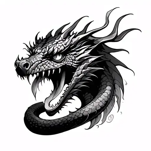 Dragon head with fire eyes and a snake as a tongue tattoo design idea