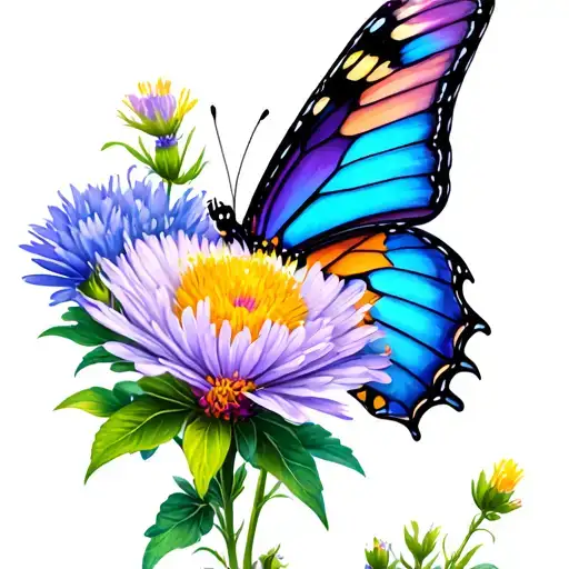 combined butterfly and aster flower as wing tattoo design idea