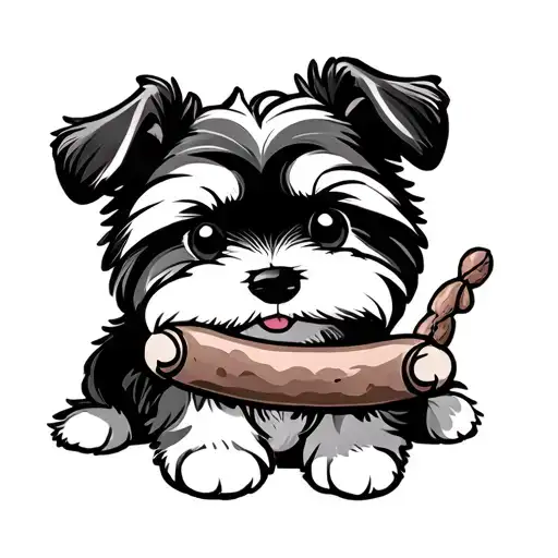 a fluffy dog with two black ear and big round eyes, holding a sausage in its mouth. The dog is sitting and look forward tattoo design idea