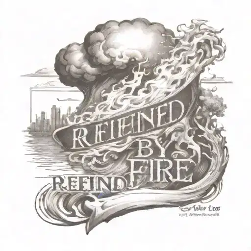 stylized flame with the inscription "Refined by fire October 5, 2024" tattoo design idea