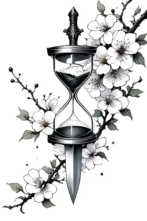 Solo leveling dagger with an hourglass and cherry blossoms tattoo design idea