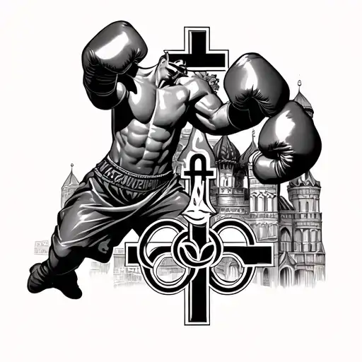 Boxing, Kremlin, Orthodox cross, Olympic rings, victory, endurance. tattoo design idea