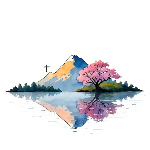 strong mountain with dogwood trees and a cross out of the water reflection tattoo design idea