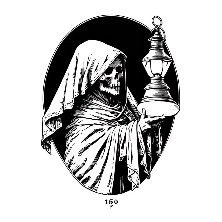 The hermit tarot card walking sideways in darkness holding a lantern thats emitting light. Skull face cloaked in hood tattoo design idea