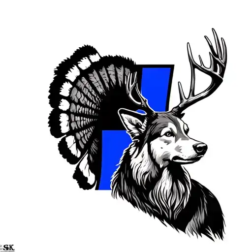 sheepdog ,thin blue line flag , whitetail deer, turkey hunting scene tattoo design idea