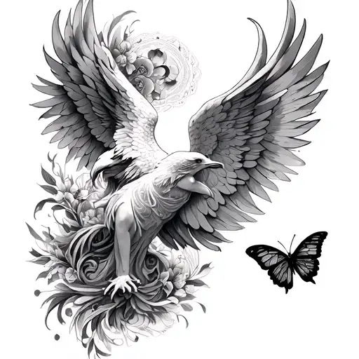 Forearm tattoo with phoenix, butterfly and angel tattoo design idea