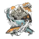 mountains water fishing and firefighting   tattoo design idea