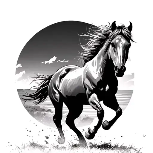 wild horse running, American plains in the back tattoo design idea