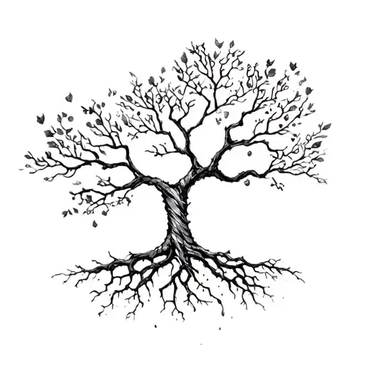 a tree with roots falling leaves sketchy tattoo design idea