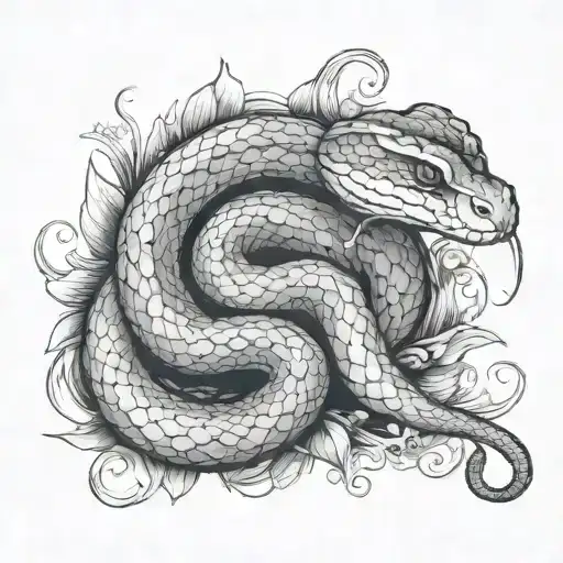 Detailed tattoo design of a snake wrapping around the leg, starting just above the ankle and extending upward to finish above the knee. The snake should have a dynamic, flowing pose, with its head pointing upward and slightly tilted to show an aggressive yet elegant expression. Include intricate scales, smooth curves, and detailed shading to emphasize the snake's texture and movement. The tail should wrap loosely near the ankle, and the body should coil naturally as it climbs up the leg, with a balance of bold lines and soft shading for a striking visual effect. tattoo design idea